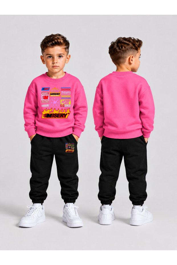 Children's Printed Winter Sweatsuit Top and Bottom Set: 3-Ply Brushed Inside Crew Neck Sweatshirt and Cotton Pants Set