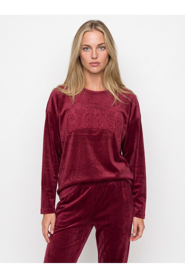 WOMEN'S LONG-SLEEVED VELVET PAJAMA SET, STRAIGHT-LEG, RED