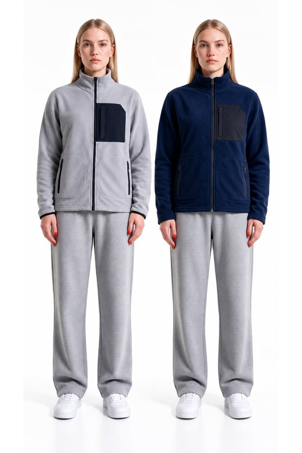 Women's Thick Outdoor Fleece-Lined Jacket with Zippered Front Pockets (2-Piece Set)