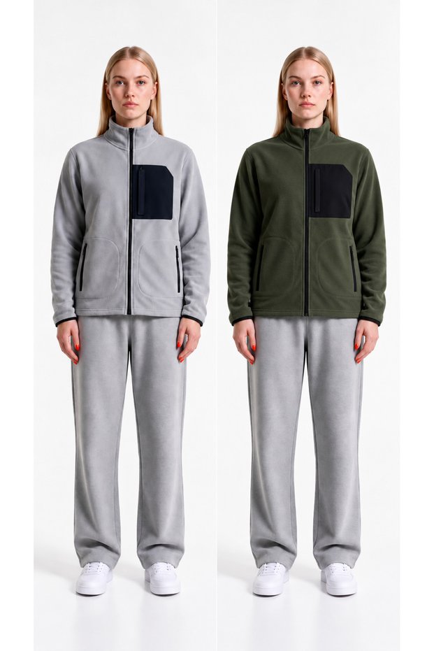 Women's Thick Outdoor Fleece-Lined Jacket with Zippered Front Pockets (2-Piece Set)