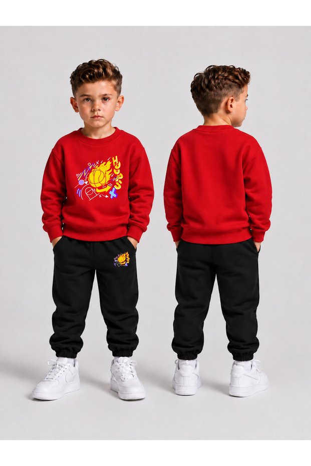 Children's Printed Winter Sweatsuit Top and Bottom Set: 3-Ply Brushed Inside Crew Neck Sweatshirt and Cotton Pants Set