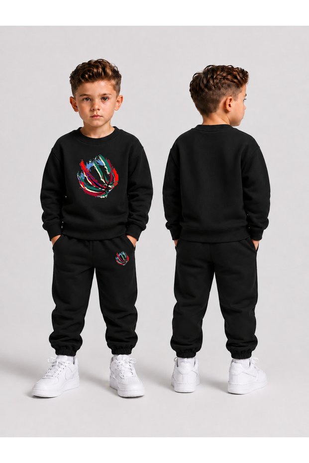 Children's Printed Winter Sweatsuit Top and Bottom Set: 3-Ply Brushed Inside Crew Neck Sweatshirt and Cotton Pants Set