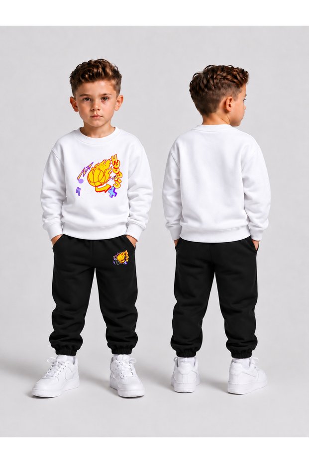 Children's Printed Winter Sweatsuit Top and Bottom Set: 3-Ply Brushed Inside Crew Neck Sweatshirt and Cotton Pants Set