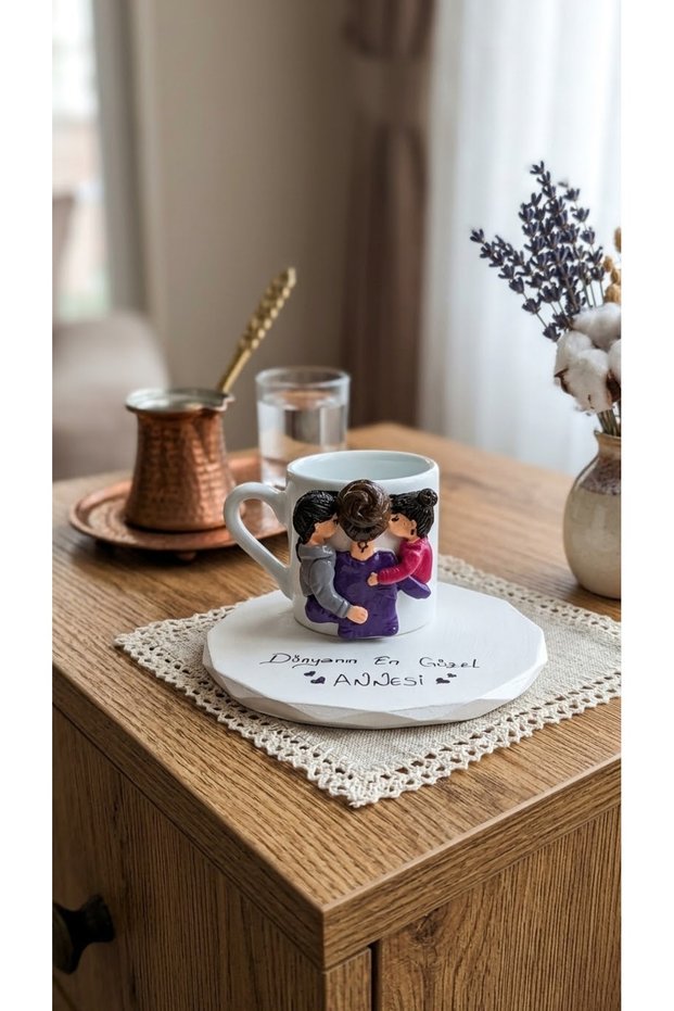 Handmade "World's Most Beautiful Mom" Themed Turkish Coffee Cup and Saucer Set - Specially Designed Gift