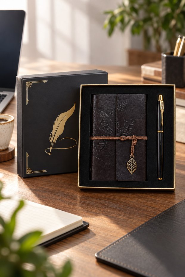 Set of 10 Leather Notebooks and Metal Roller Pens – Gift Box with Leaf Pattern, Notebook Pen Set Suitable for Printing
