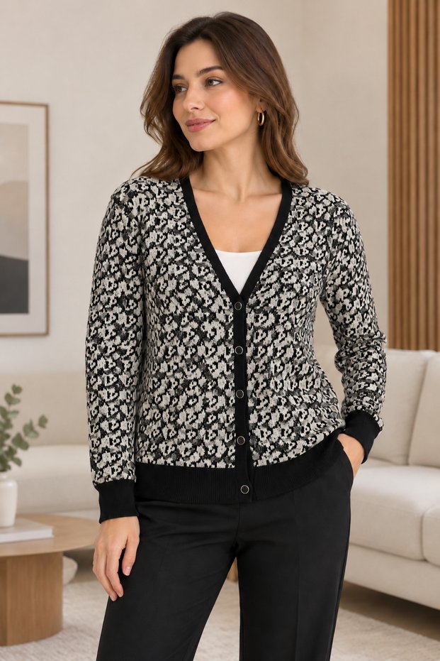 Women's 100% Cotton Leopard Print Knit Cardigan with Black Piping, Buttons, Long Sleeves, and V-Neck