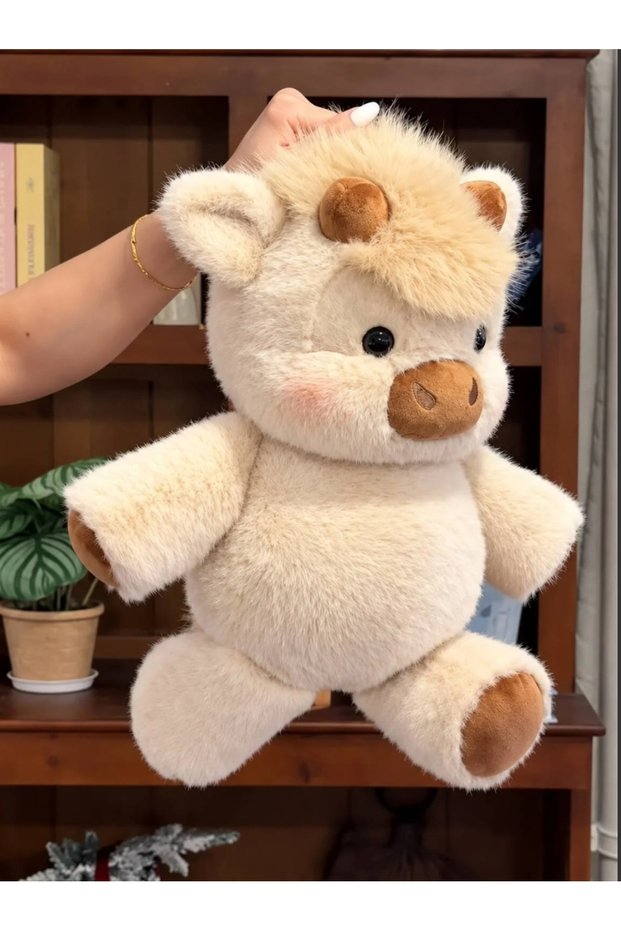 Running Cow Model, Shaggy, 45 cm Large Cow Plush Toy, Cream-Colored, Soft Plush Fabric
