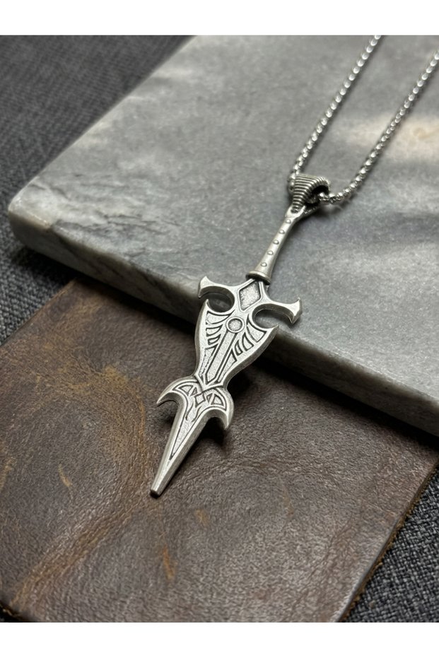 Steel Chain Men's Necklace with Winged Dagger Design, Silver Color