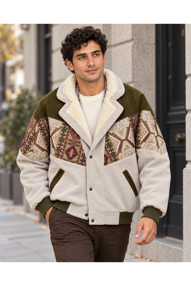 (8116) جاكيت بومبر رجالي بتصميم عتيق وياقة من الفرو - مقاس L/XL.