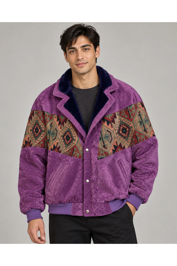 (8127) Men’s Vintage-Print Patchwork Bomber Jacket with Fur-Trimmed Collar - L/XL
