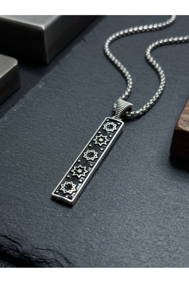 Steel Chain Men's Necklace with Rectangular Bar and Eight-Pointed Star in a Row, Engraved