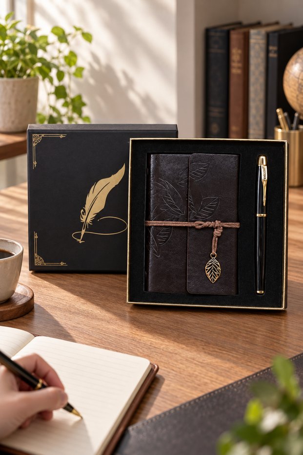 Set of 4 Leather Notebooks and Metal Roller Pens – Gift Box with Leaf Pattern, Notebook Pen Set Suitable for Printing