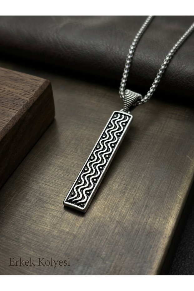 Steel Chain Men's Necklace with Rectangular Bar, Zigzag, and Wave Engravings, Black Enamel