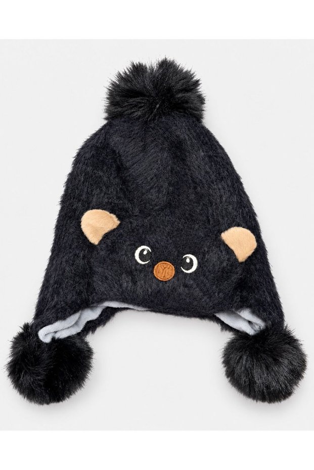 Boys' Winter Beanie with Cute Bear Design, Ears, Fur-Lined Design, and Pom-Pom (Ages 1–3)