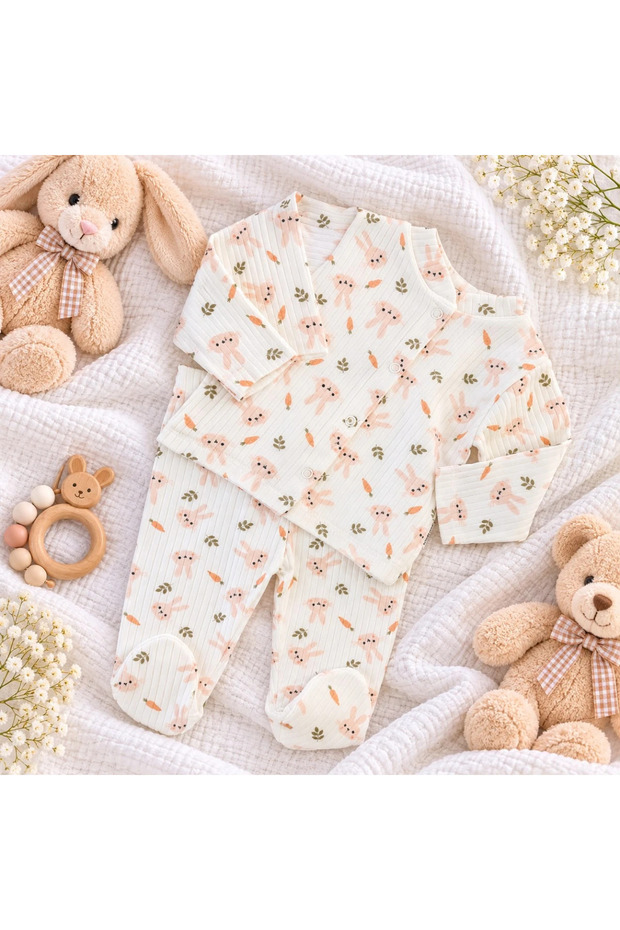 RABBIT-PRINTED BABY SET WITH FRONT SNAPS