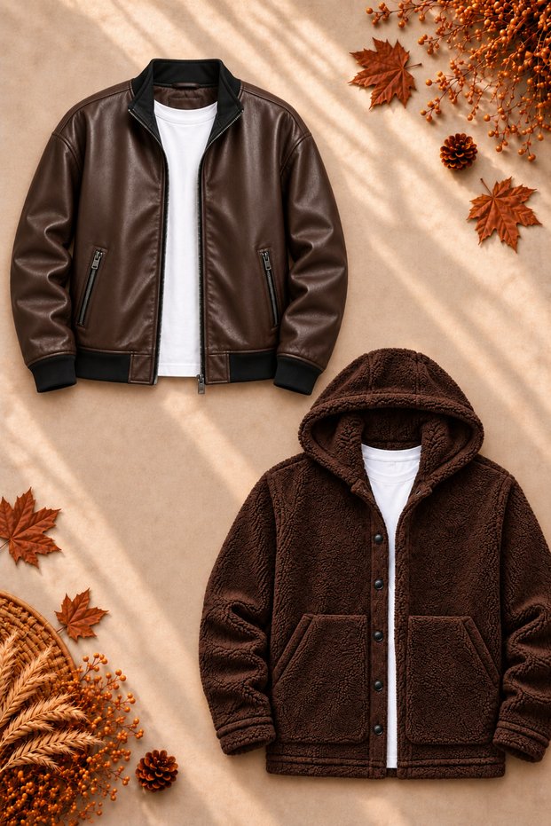 Men's 2-Piece Jacket Set – Double-Pocket Leather Bomber Jacket and Hooded Button-Up Plush Jacket