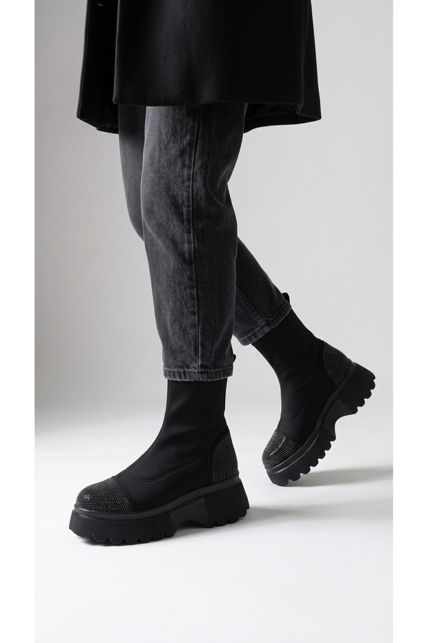 Sms1088 Black Stone Embellished Slip-On Casual-Fit Everyday Women's Sock Boots