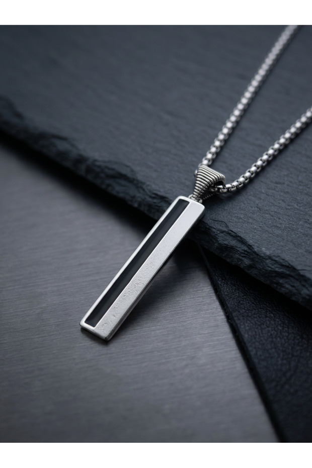 Steel Chain Men's Necklace, Rectangular Bar with Black Stripes, Minimalist