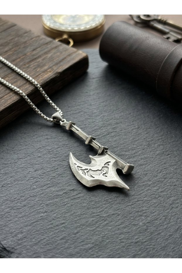 Steel Chain Men's Necklace with a Wide Axe Design on One Side