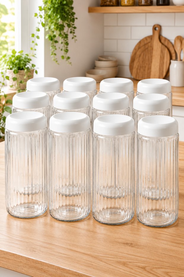 Set of 12 White Lidded Long Glass Storage Containers 1500 ml – Legumes/Pasta/Flour-Sugar Storage Container Set