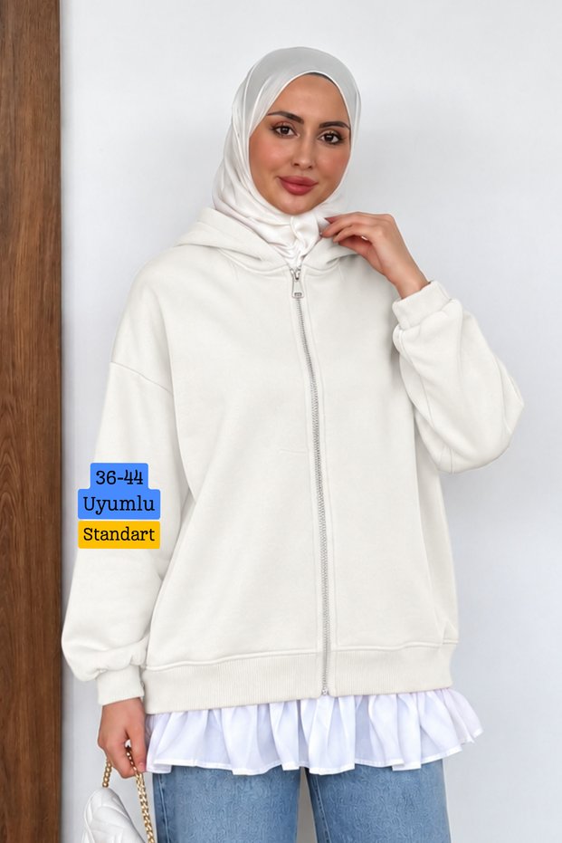 Women's 3-Ply Fleece-Lined Hooded Modest Basic Sweater Cardigan with Ruffle Detail 394