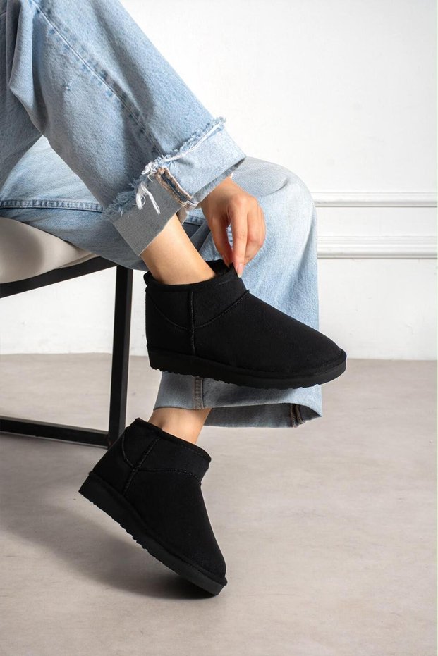 Women's Flat Sole Boots with Black Suede Upper and Soft Fur Accents