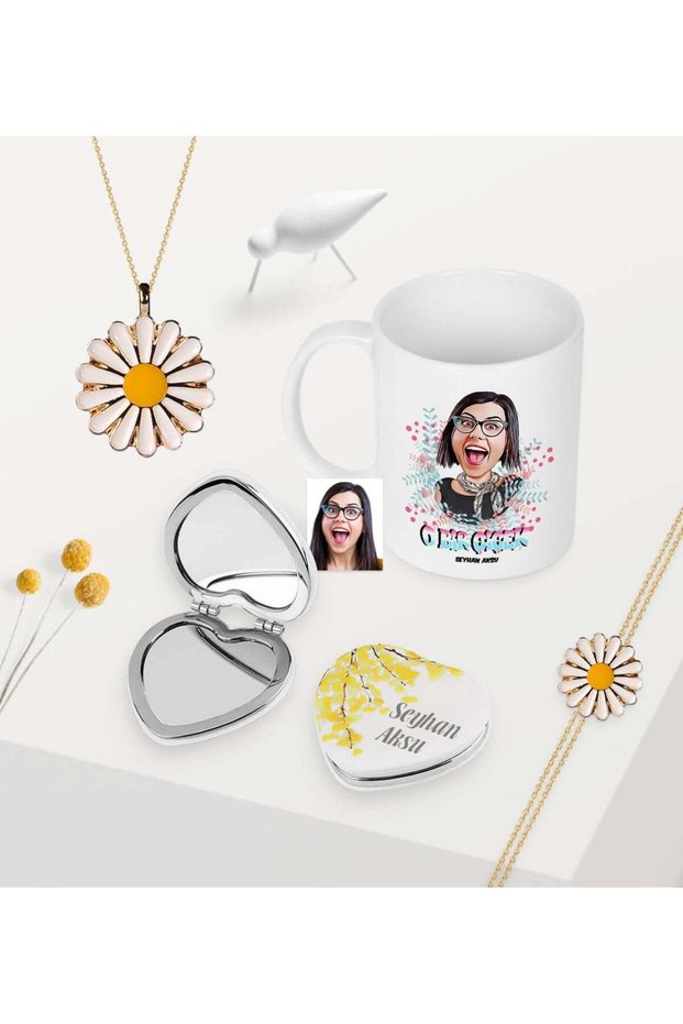 Special Cartoon Mug Floral Mirror Daisy Necklace Bracelet Set for Women - 6
