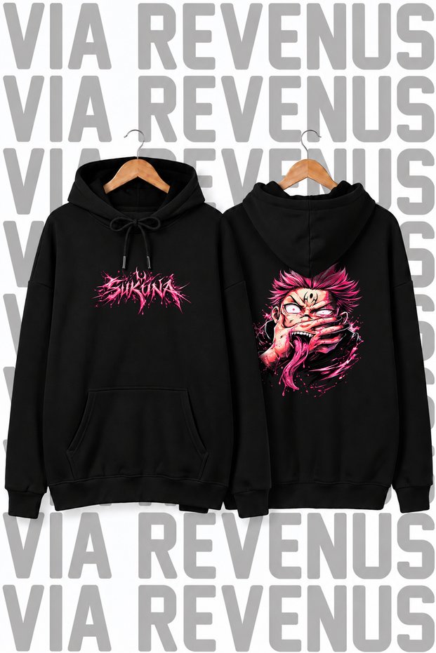 Sukuna Printed Unisex Oversized Hoodie - 3-Ply Fleece-Lined Hood with Cord Details