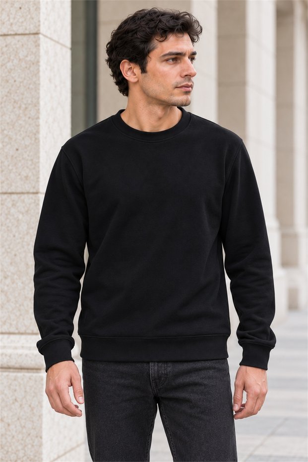 Men's Black Brioche Knit Crew-Neck Sweatshirt, Relaxed Fit with Elastic Cuffs and Hem