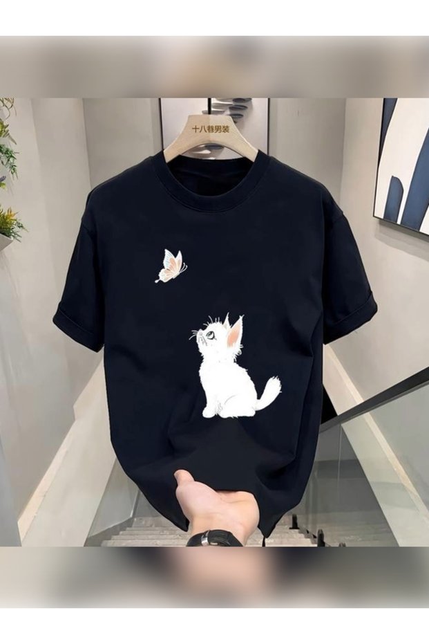 Unisex Oversized Printed Crew-Neck Short-Sleeve BLACK T-shirt with Butterfly and Cat Print
