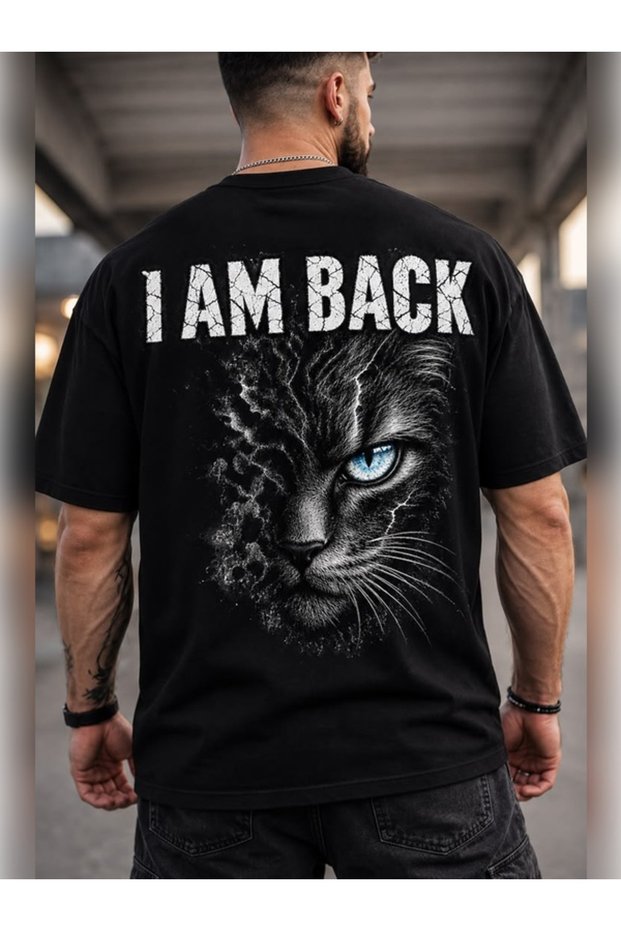 "I AM BACK" Printed Unisex Oversized Printed Crew Neck Short-Sleeve BLACK T-shirt