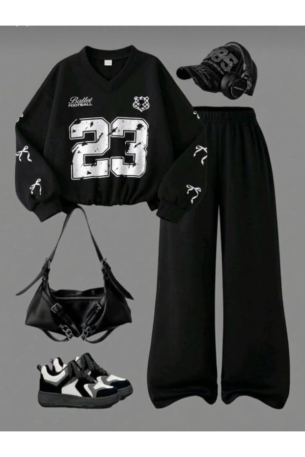 23-Piece Set: Printed V-Neck Sweatshirt and Wide-Leg Pants