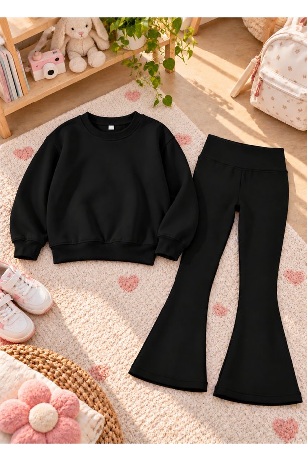 Girls' Flared Leggings Set—Winter, Unprinted, Crew Neck Sweatshirt Top and Bottom Set, 3-Ply, Brushed Inside
