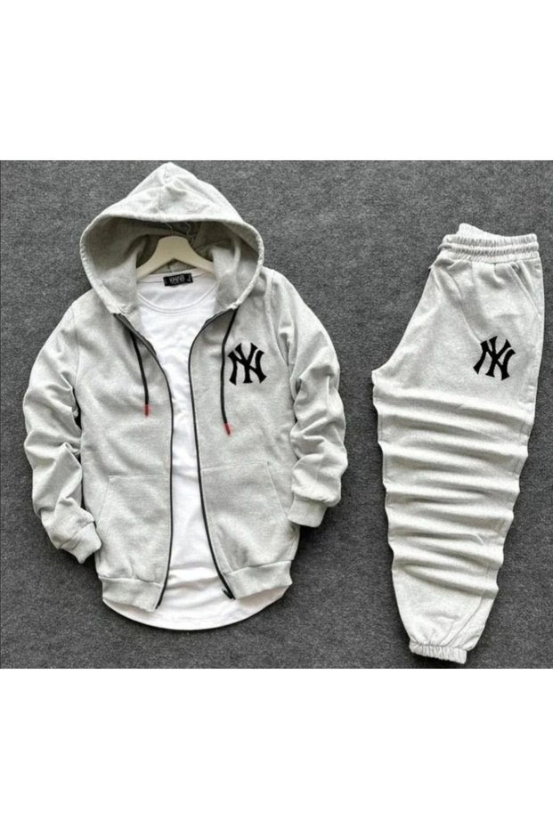Winter Black-Gray Jacket with NY Print, Hooded Unisex Sweatsuit Set