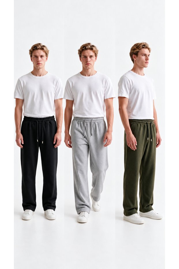 Men's 3-Piece Baggy, Loose Fit Sweatpants Set with Brushed Inside Zippers, Winter, 3-Ply