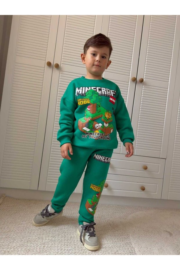 Boys' Printed Sweatshirt and Striped Pants 2-Piece Set, Brushed Inside Sherpa