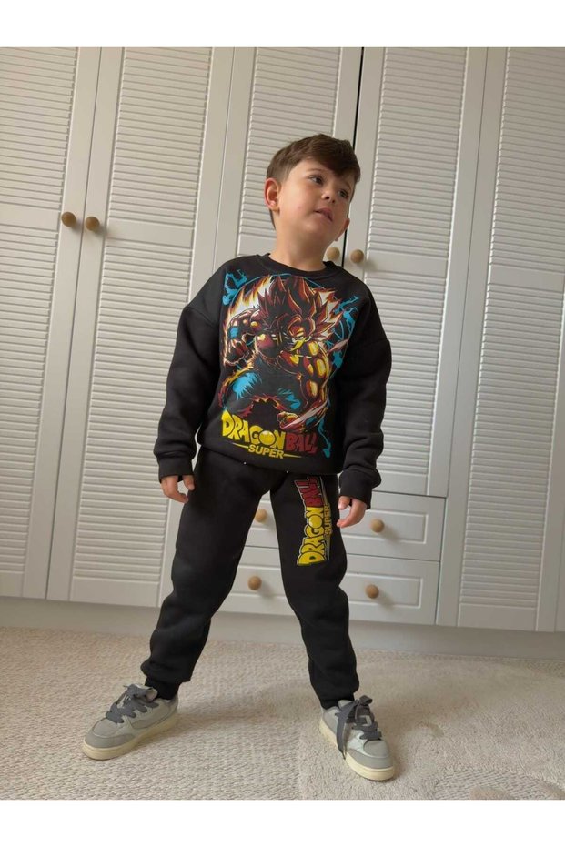 Boys' Printed Sweatshirt and Striped Pants 2-Piece Set, Brushed Inside Sherpa