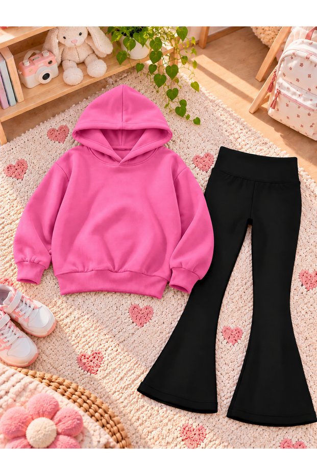 Girls' Flared Leggings Set—Winter, Unprinted, Hooded Sweatshirt Top and Bottom Set (3-Ply Brushed Inside Ribbed), Unprinted