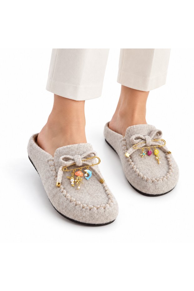Fancy Felted, Closed-Toe, Stone-Colored, Lightweight, Comfortable Winter Women's Casual House Slippers for Home and Outdoors - Ecru