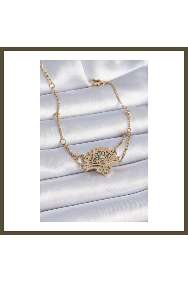 316L Stainless Steel Gold-Colored Women's Bracelet with Blue Stones and Ethnic Patterned Design BX