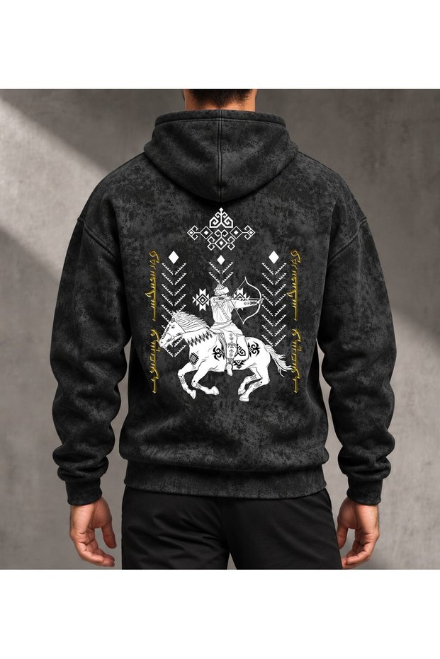 VINTAGE-STYLE FABRIC WITH UYGUR ALPHABET SPECIAL DESIGN OVERSIZED SWEATSHIRT HOODIE