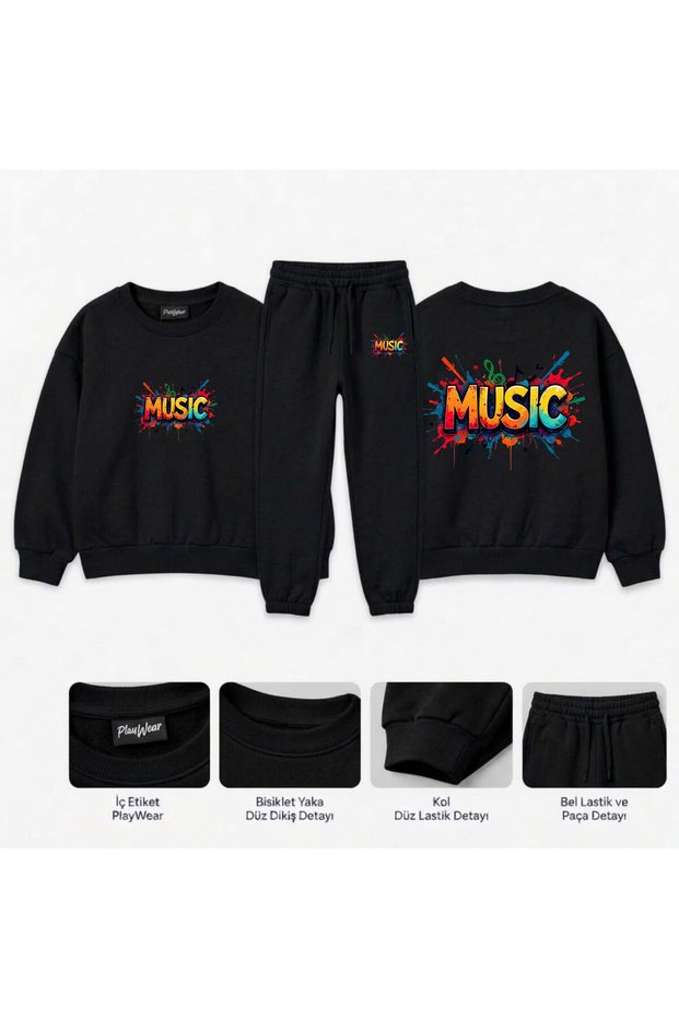 Team Sweatshirt with "Music Explosion" Print for Girls, Boys, and Kids—Crew Neck with Men’s Collar