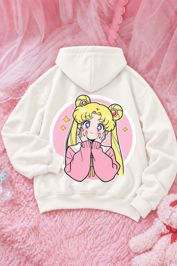 Unisex Sailor Moon Anime Print Front and Back Design Oversized 3-Ply Fleece-Brushed Inside Hooded Sweatshirt