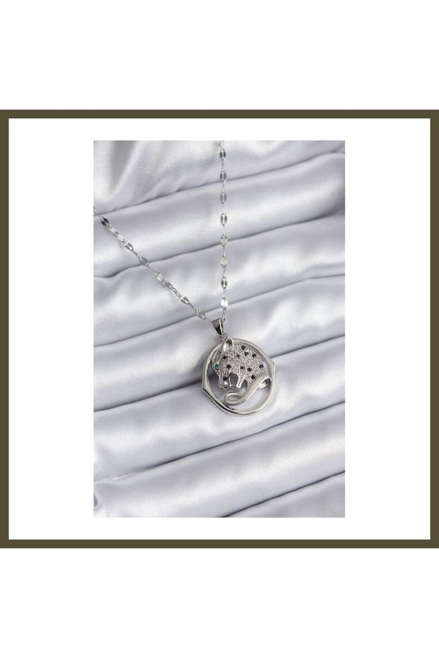 316L Stainless Steel Silver-Colored Jaguar-Style Women's Necklace with Zircon Stones BX