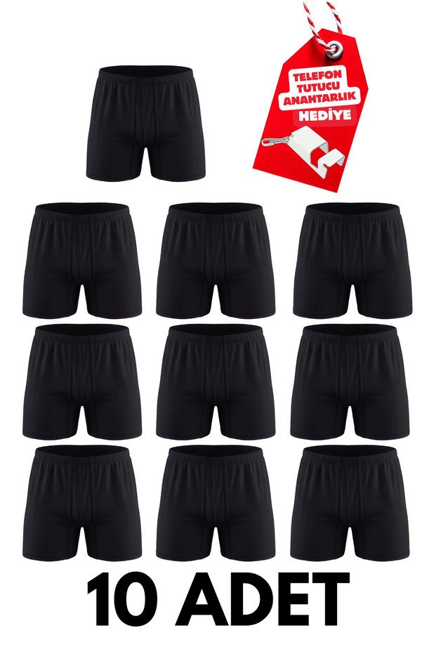 Set of 10 Men's 100% Cotton Relaxed-Fit Boxer Briefs with Wide Legs - Includes a Free Phone Holder Keychain