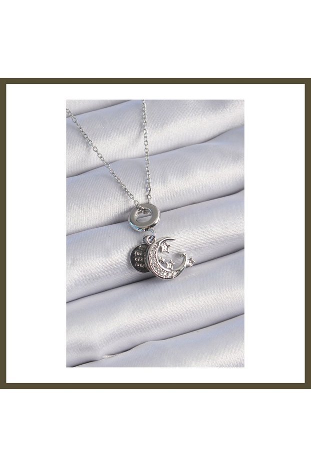 316L Stainless Steel Silver-Colored Moon and Star Charm Necklace with Zircon Stones for Women, Model BX