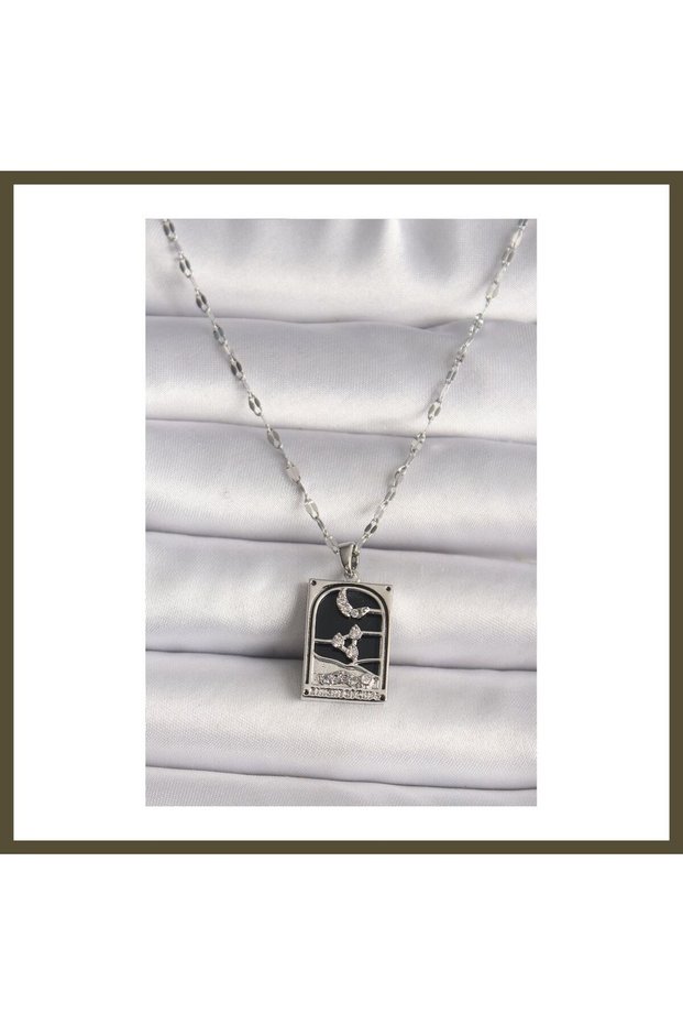 316L Steel Silver-Colored Moon-Shaped Necklace with Zircon Stones, Taror Model, for Women, BX