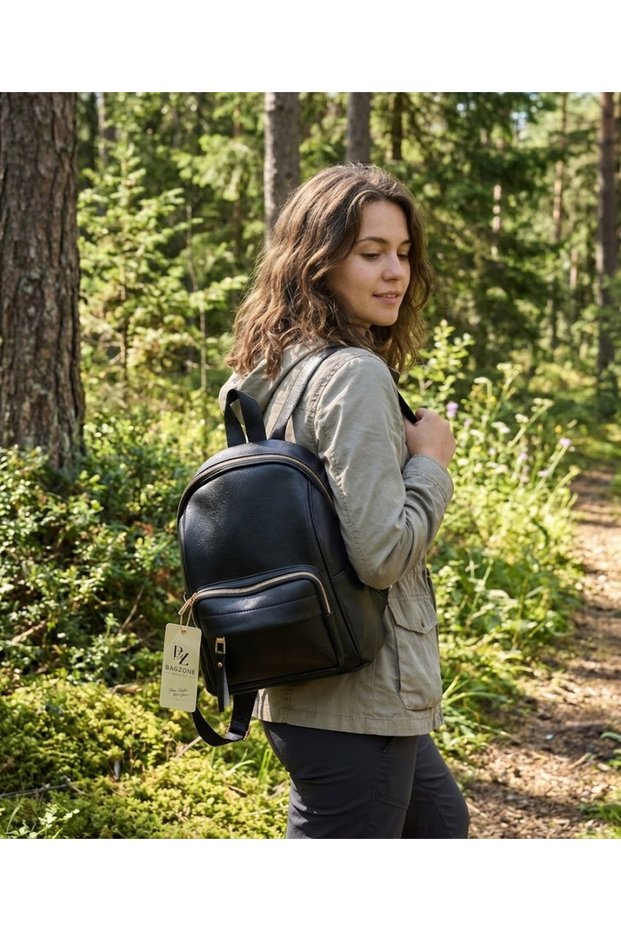 4-Compartment Black Leather Women's Backpack with Adjustable Straps – Daily Use