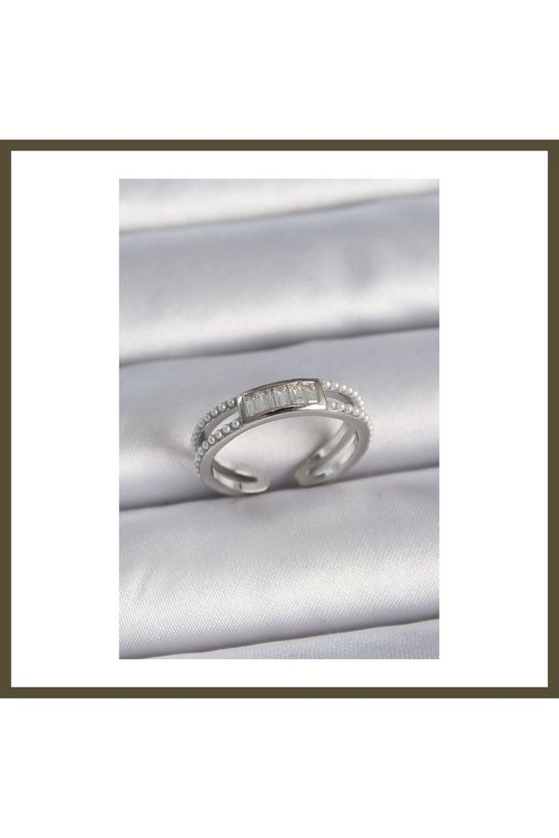 Silver-Toned Rice-Patterned Adjustable Ring with Rows of Pearls and Zircon Stones for Women BX