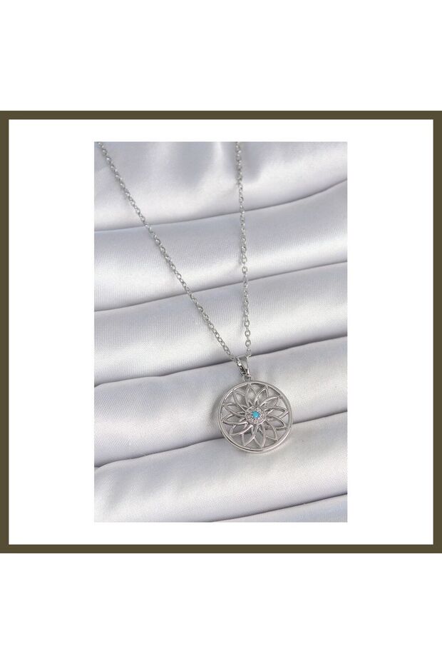 316L Stainless Steel Silver-Colored Chain with Blue Stones, Lotus-Style Women's Necklace BX